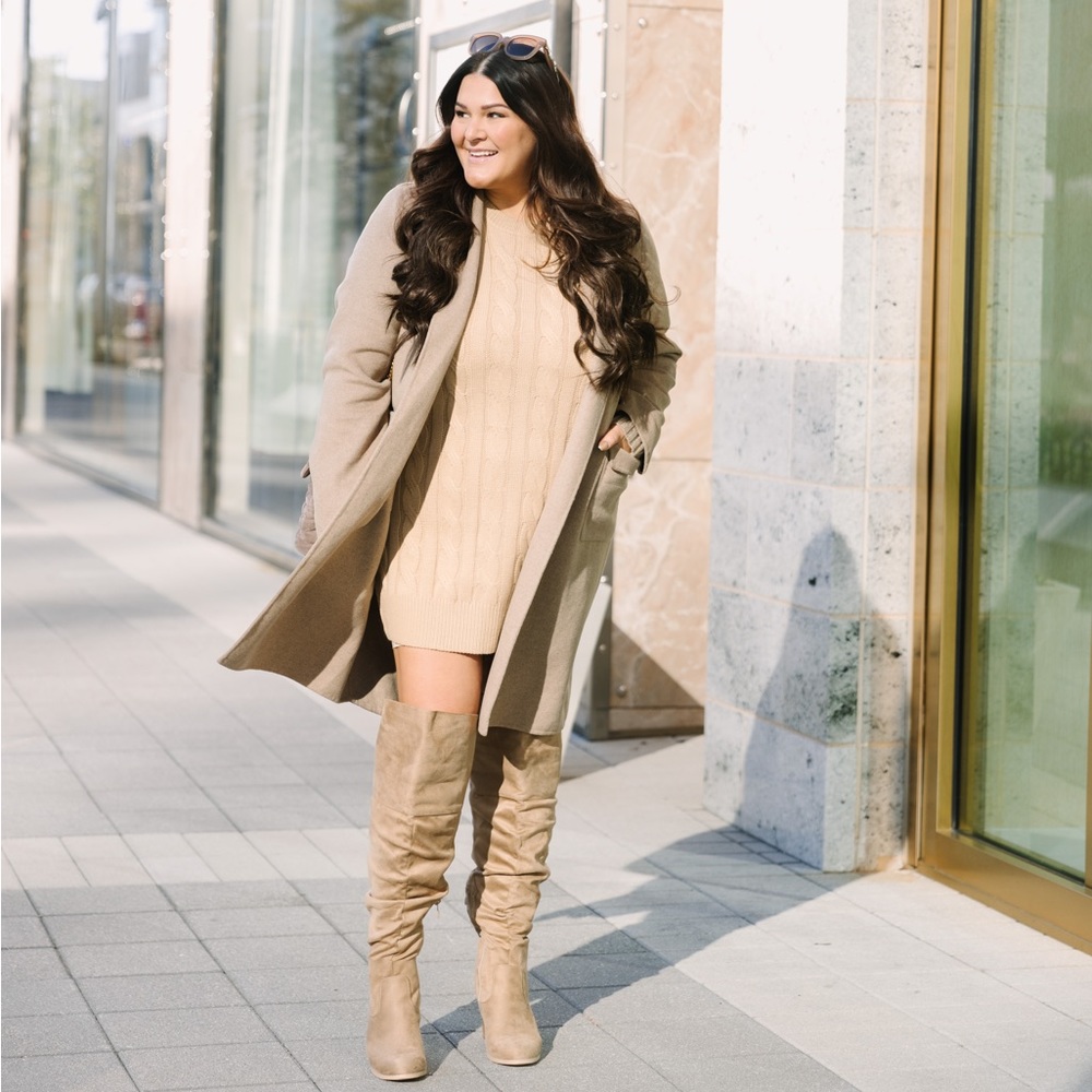 Crewneck Long Sleeve Cable Knit Sweater Dress